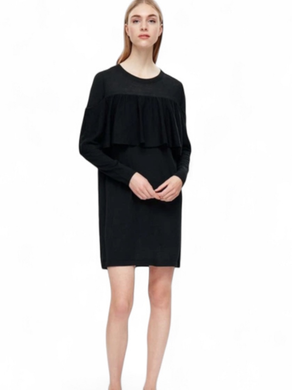 COS Black Long-Sleeve Ruffle Back Dress